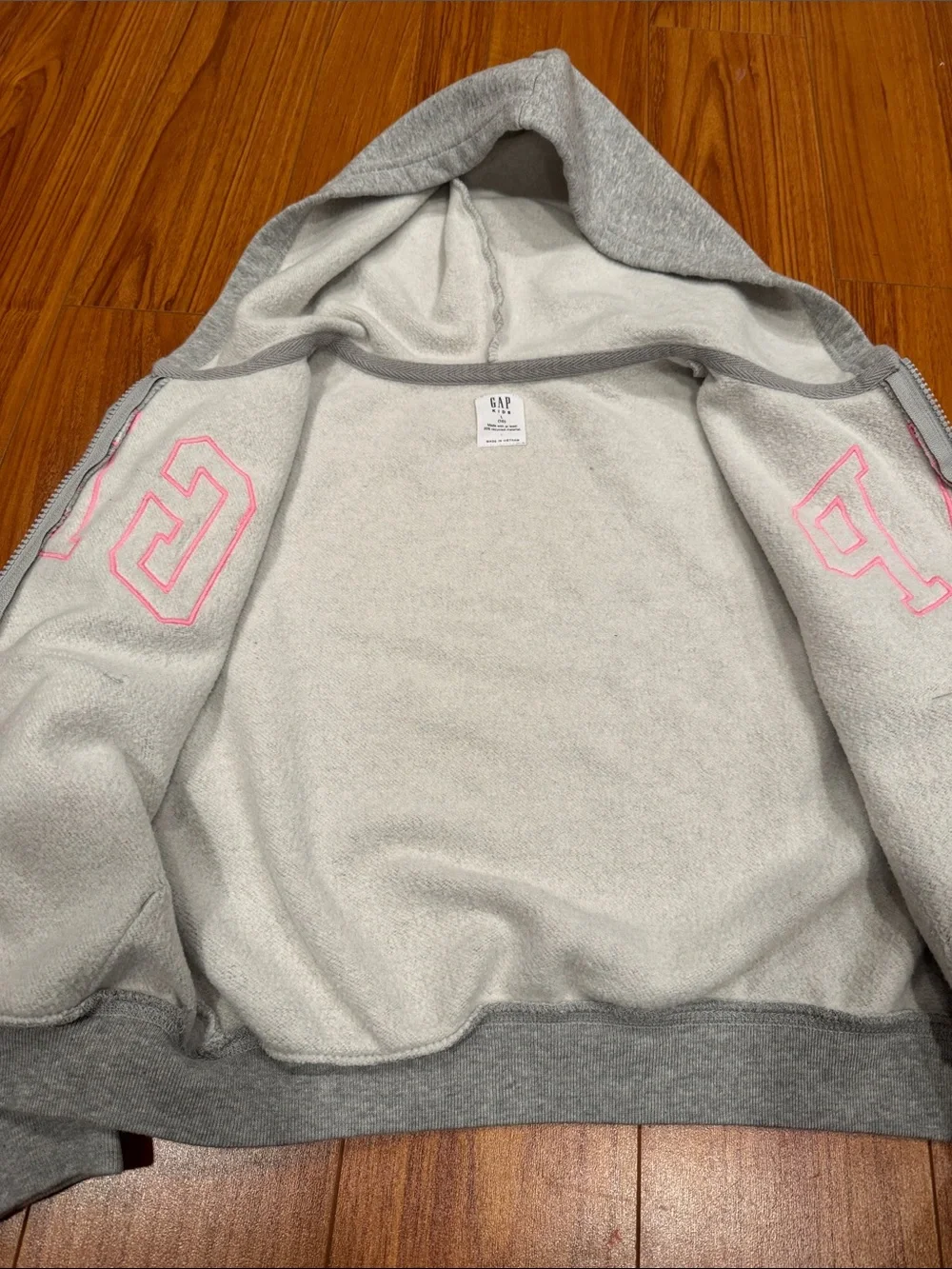 GAP Gray Zip-Up Hoodie with Pink Lettering